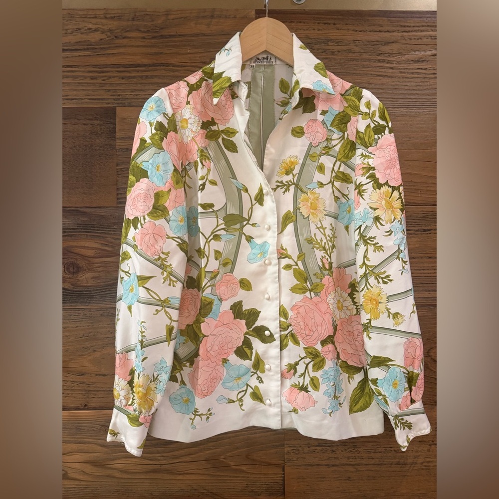 HERMÈS 100% Silk Floral Blouse Shirt EUC
